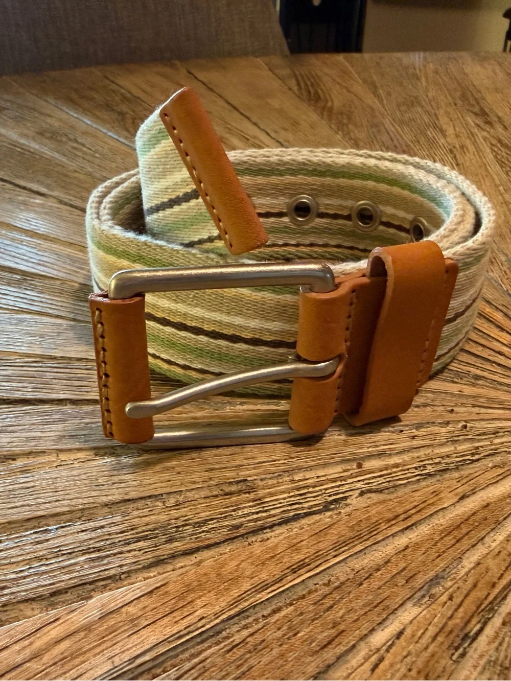 NWT Eddie Bauer Men’s Striped Canvas Web Belt Genuine Leather Trim Size Medium